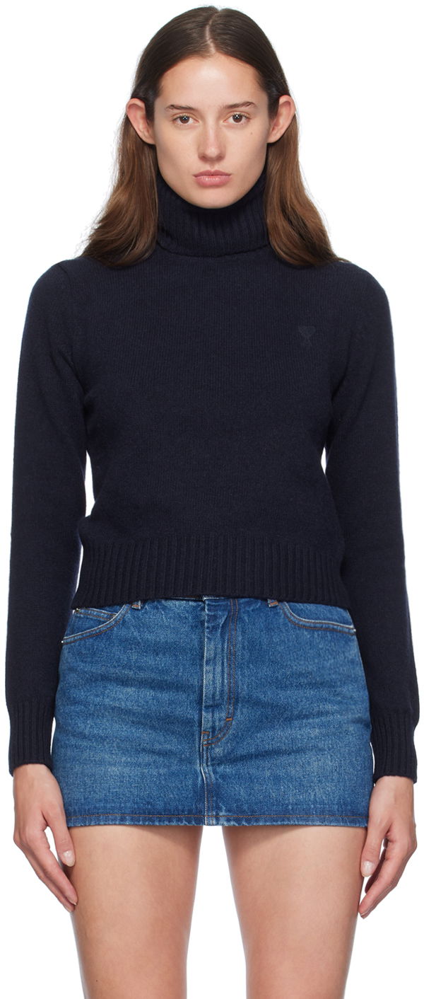 Sweater AMI Paris Navy Cashmere de Cœur Turtleneck Svart | FKS457.005