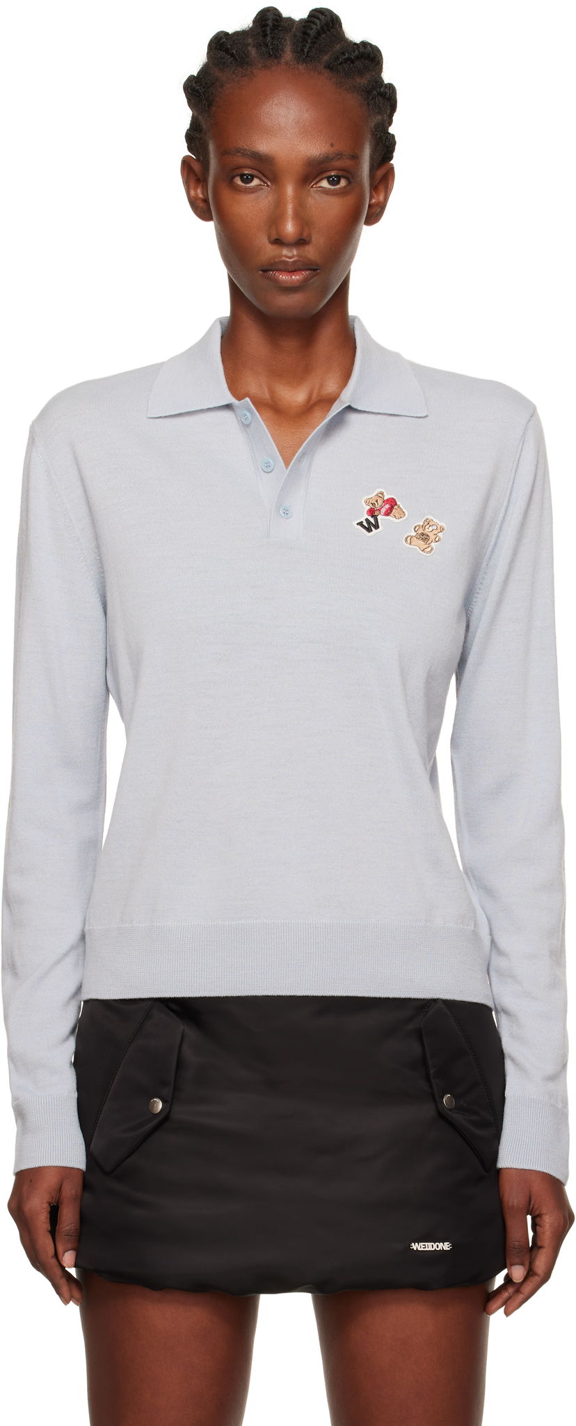 Polotröja We11done We11done Double Patched Knit Polo Blå | WD-KT2-25-679-W-GY