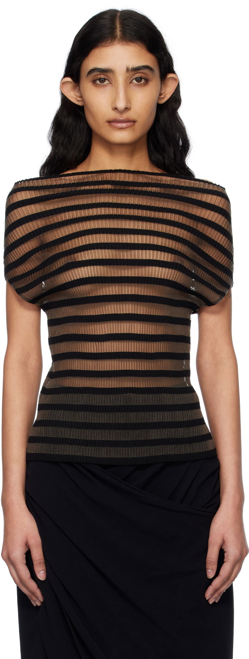 T-shirt Jean Paul Gaultier Jean Paul Gaultier 'The Marinière' Striped Sheer Top Svart | 25/34-F-TO273-M088-00