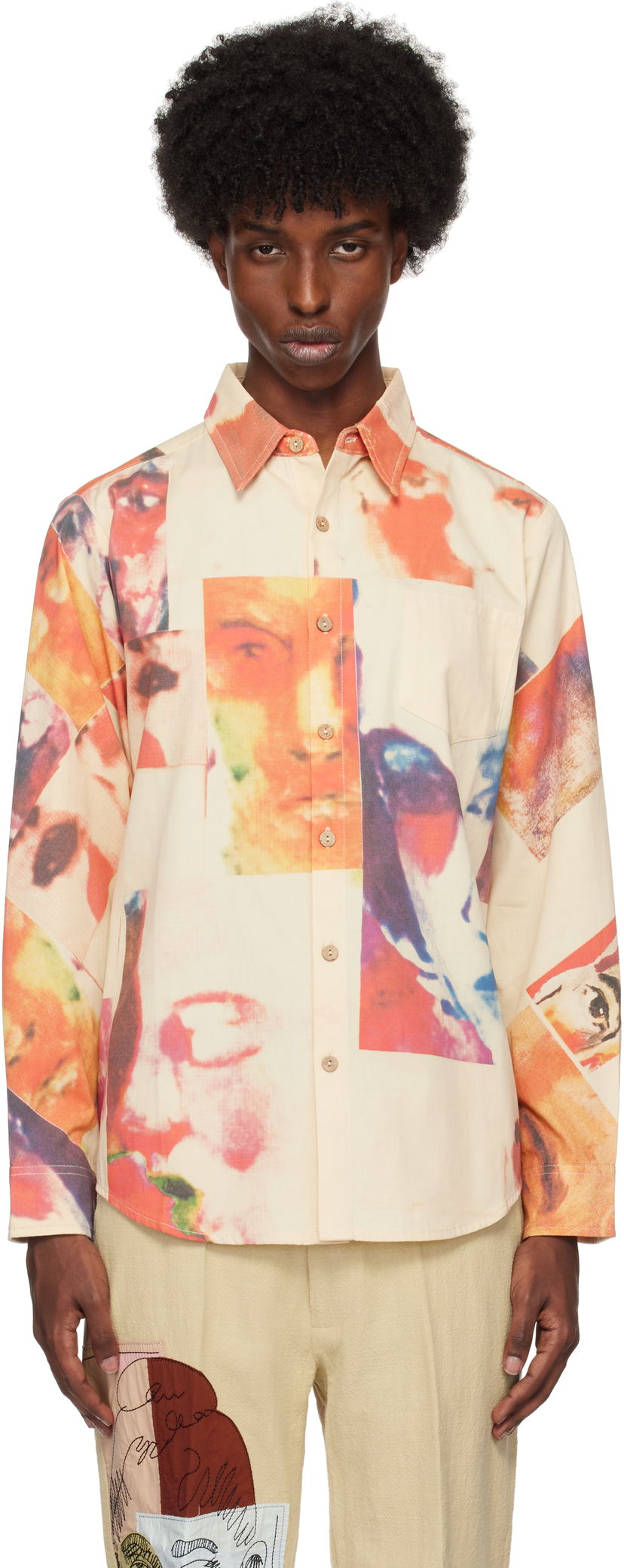 Skjorta KidSuper Collage Faces Button Up Shirt Beige | AW24-LTP-04