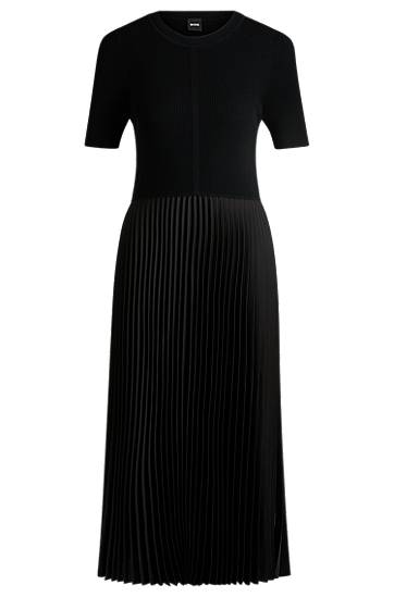Klä BOSS Knit Dress with Pleated Skirt Svart | 50535658