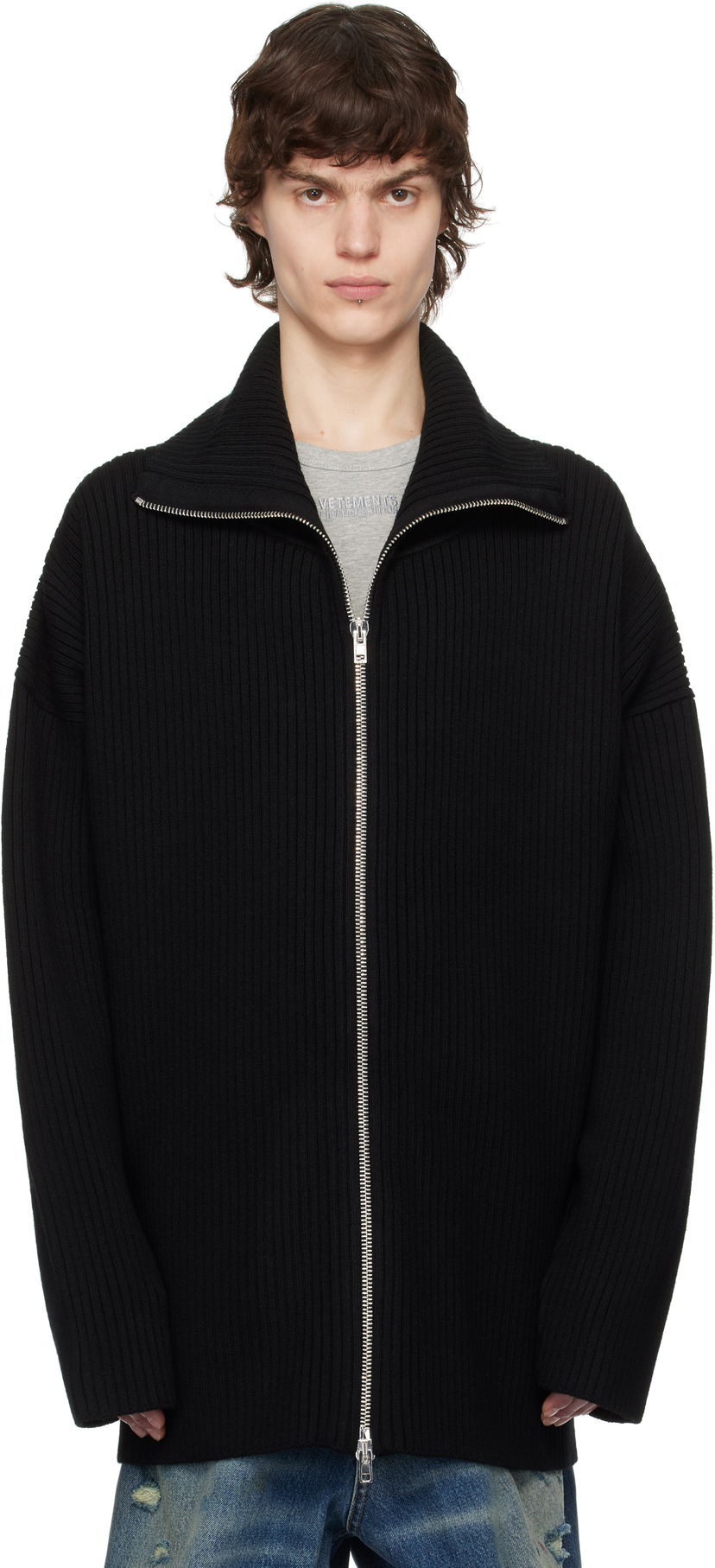 Sweater VETEMENTS VETEMENTS Zip-Up Ribbed Knit Sweater Svart | UA66KN170B