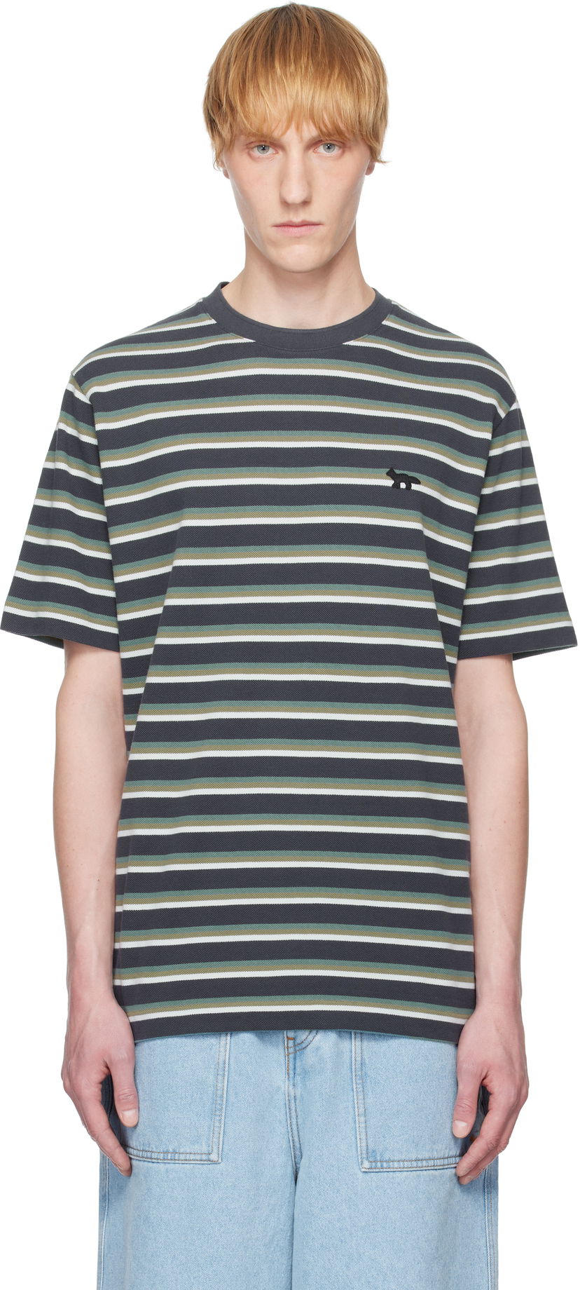 T-shirt MAISON KITSUNÉ Kitsuné Profile Fox Patch Striped T-Shirt Grå | OM00103KJ7010