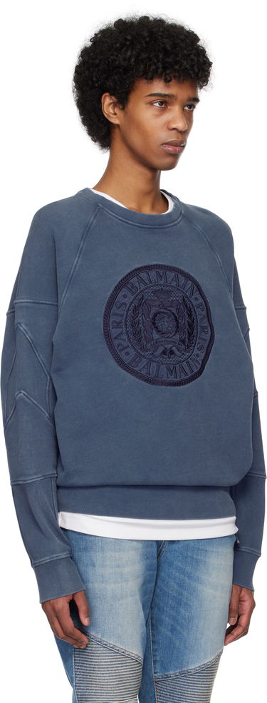 Sweater Balmain Balmain Ribbed Coin Embroidery Sweatshirt Blå | EH1JS007BC89, 1