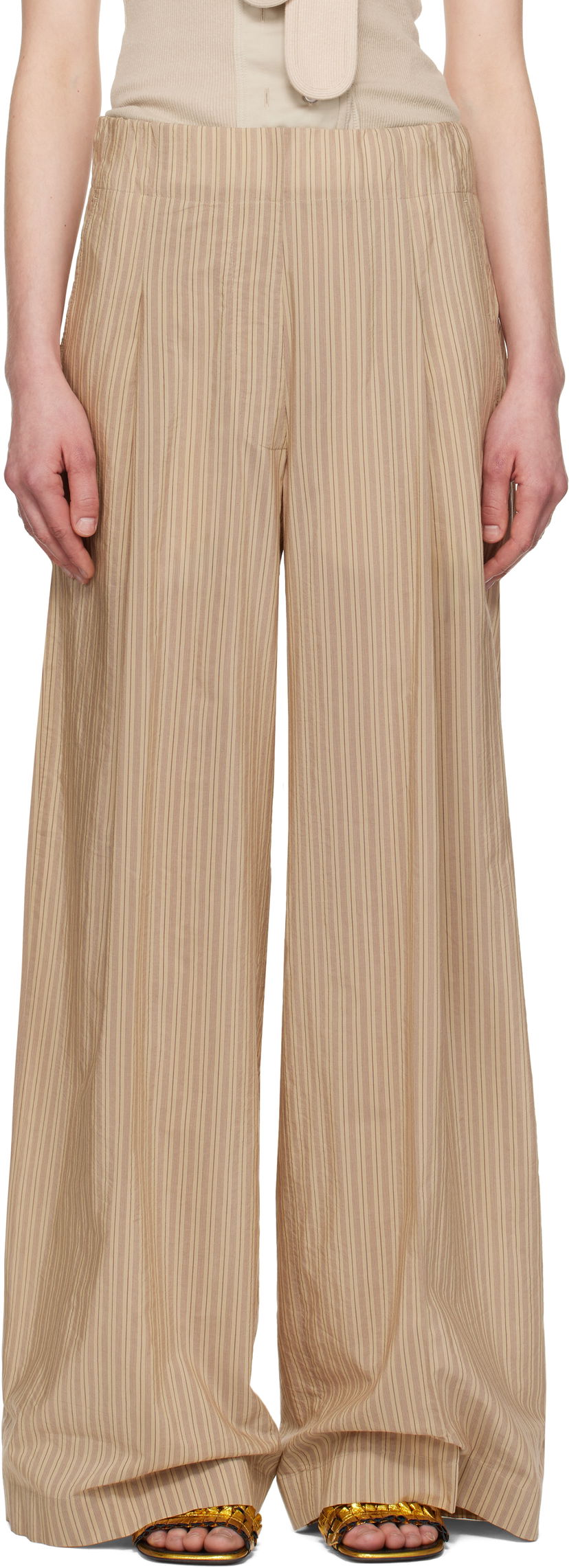 Byxor Dries Van Noten Dries Van Noten Striped Wide-Leg Trousers Beige | 251-010909-1524