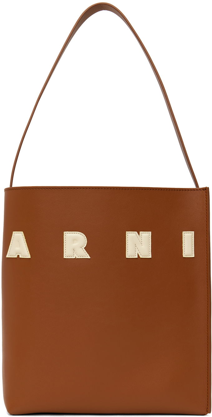 Tygpåse Marni Small Leather Museo Patches Tote Brun | SHMP0111U0 P6483