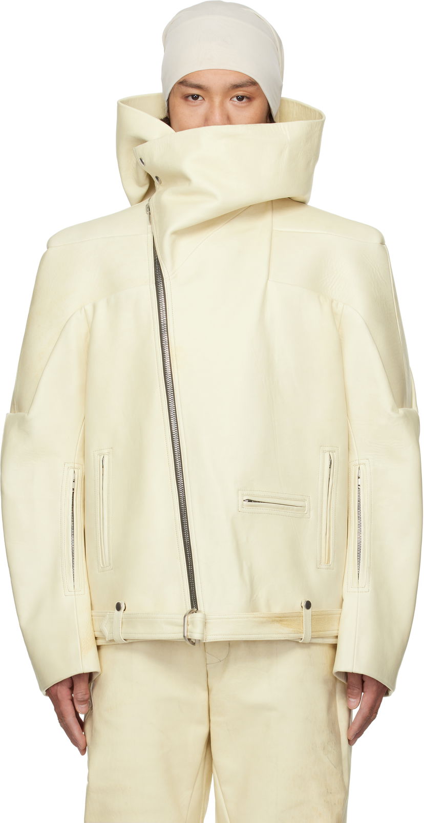 Jacka Rick Owens Rick Owens Hollywood Hooded Stooges Leather Jacket Vit | RR01E5704 LBH
