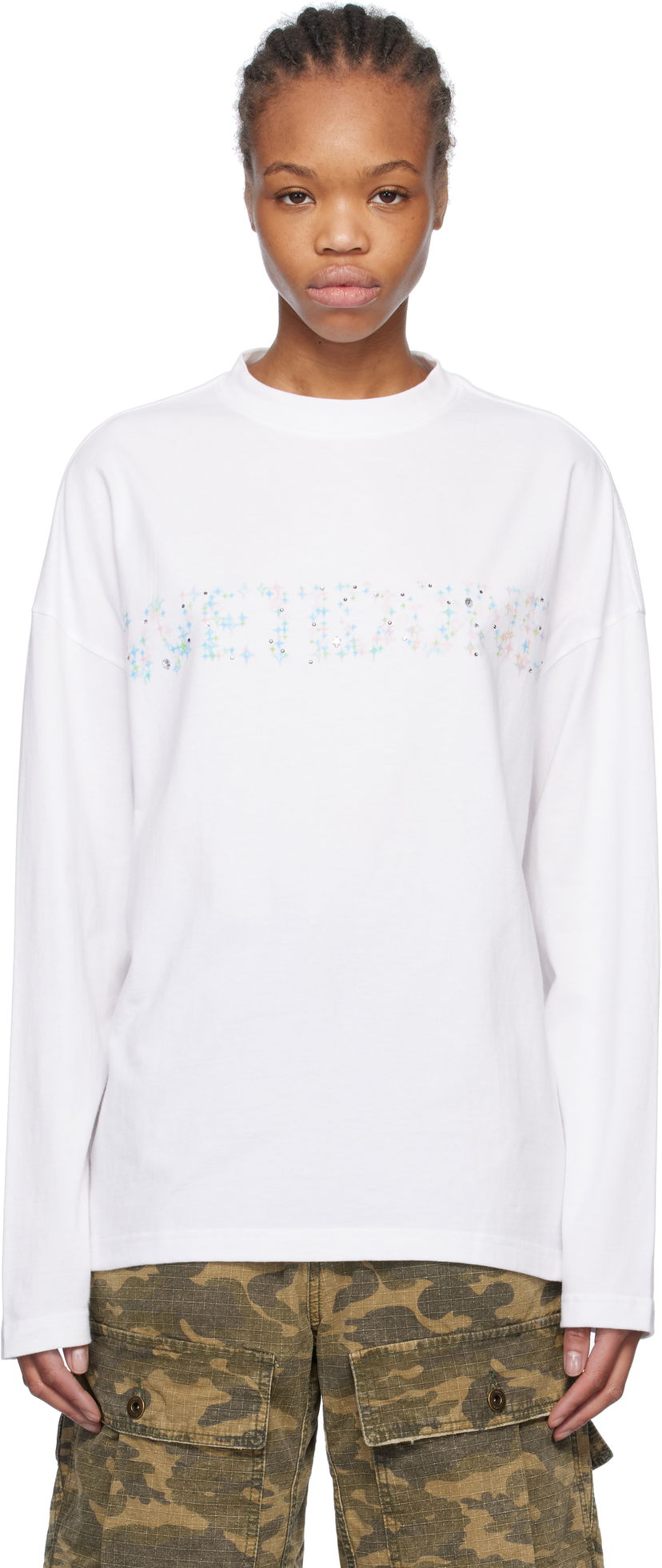 T-shirt We11done We11done Sparkle Logo Long Sleeve T-Shirt Vit | WD-TT0-25-742-U-WH