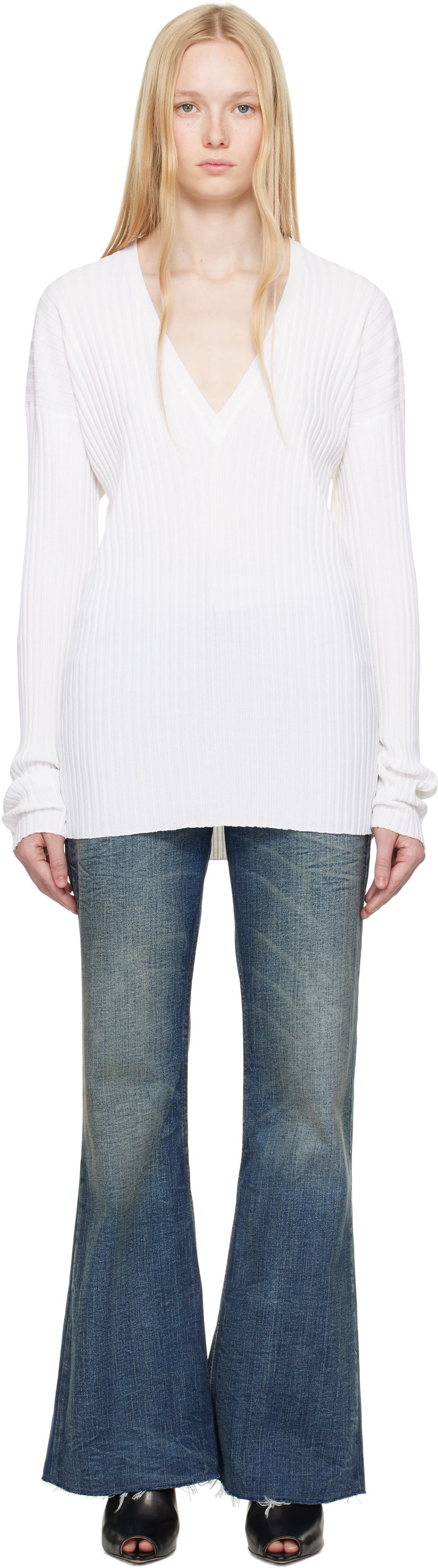 Sweater Maison Margiela MM6 Maison Margiela Slouchy Ribbed V-Neck Sweater Vit | S62DA0050 M13125