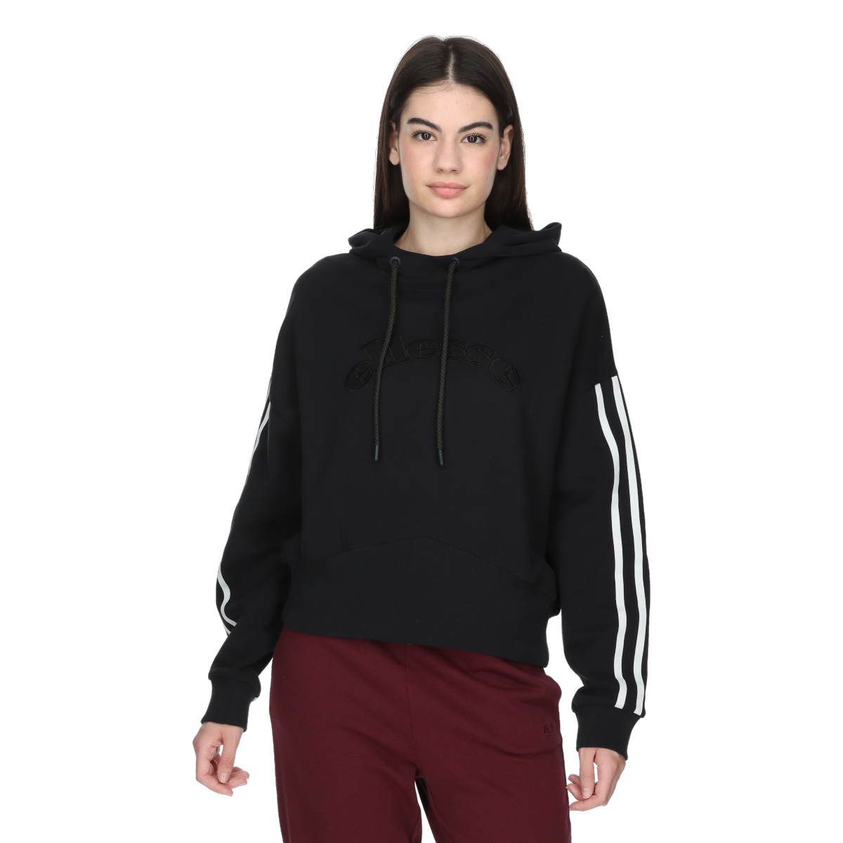 Sweatshirt Ellesse Cropped Striped Sleeve Drawstring Hoodie Svart | ELA253F613-01, 0