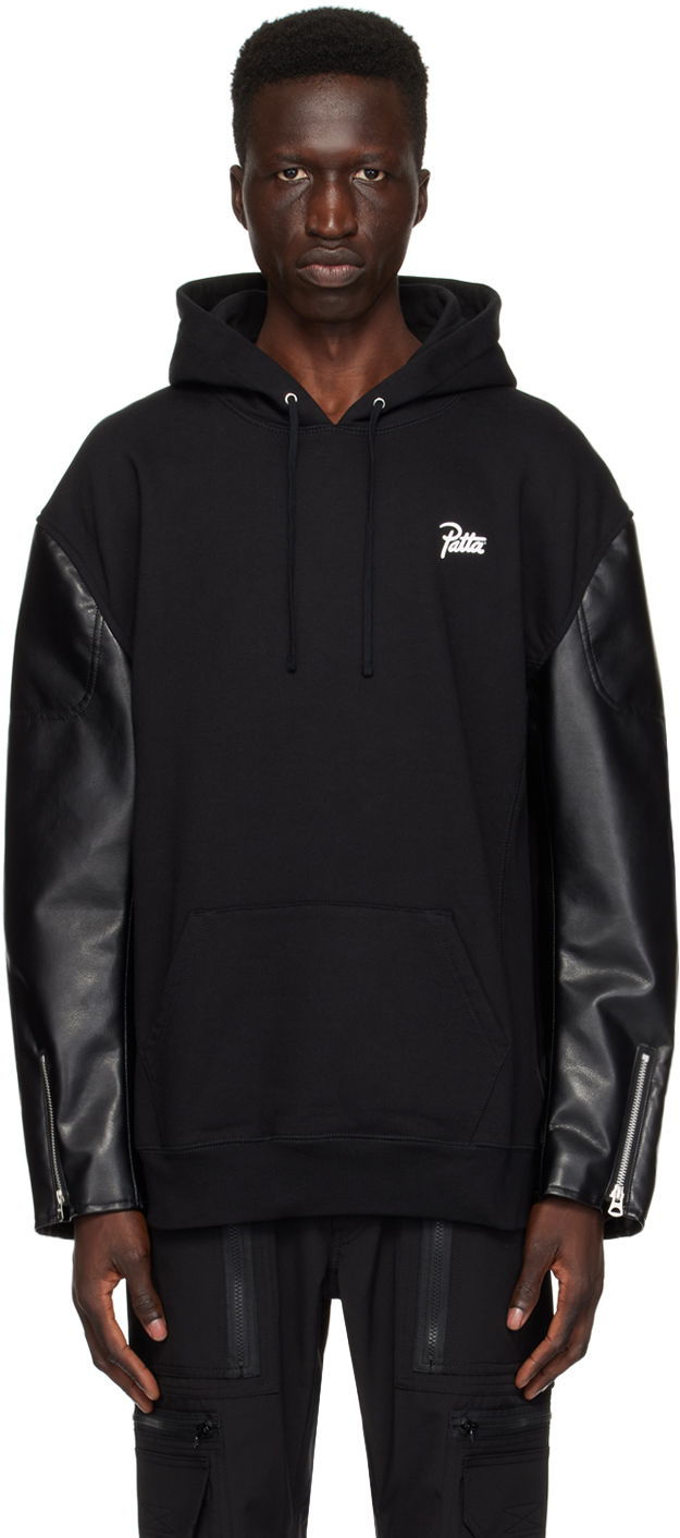 Sweatshirt Junya Watanabe Faux-Leather Sleeve Hoodie Svart | WM-T904-100