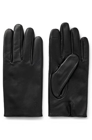 Handskar BOSS Grained-leather gloves with full lining and lasered logo Svart | 50526831, 0