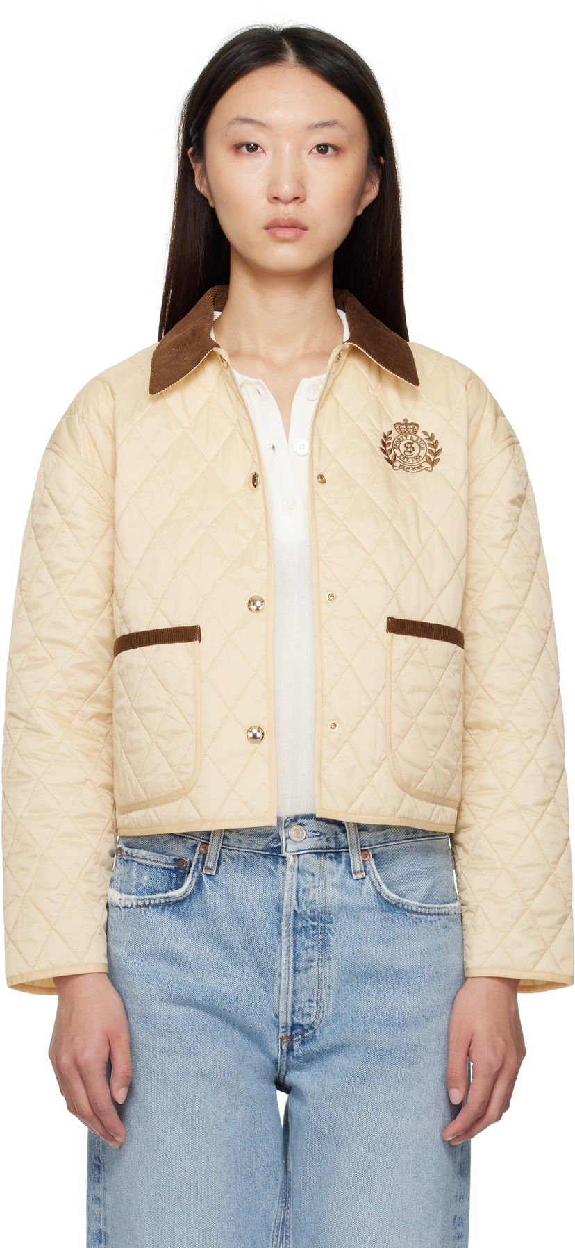 Jacka Sporty & Rich Sporty & Rich H&W Crest Cropped Quilted Jacket Beige | OW027620241CR01