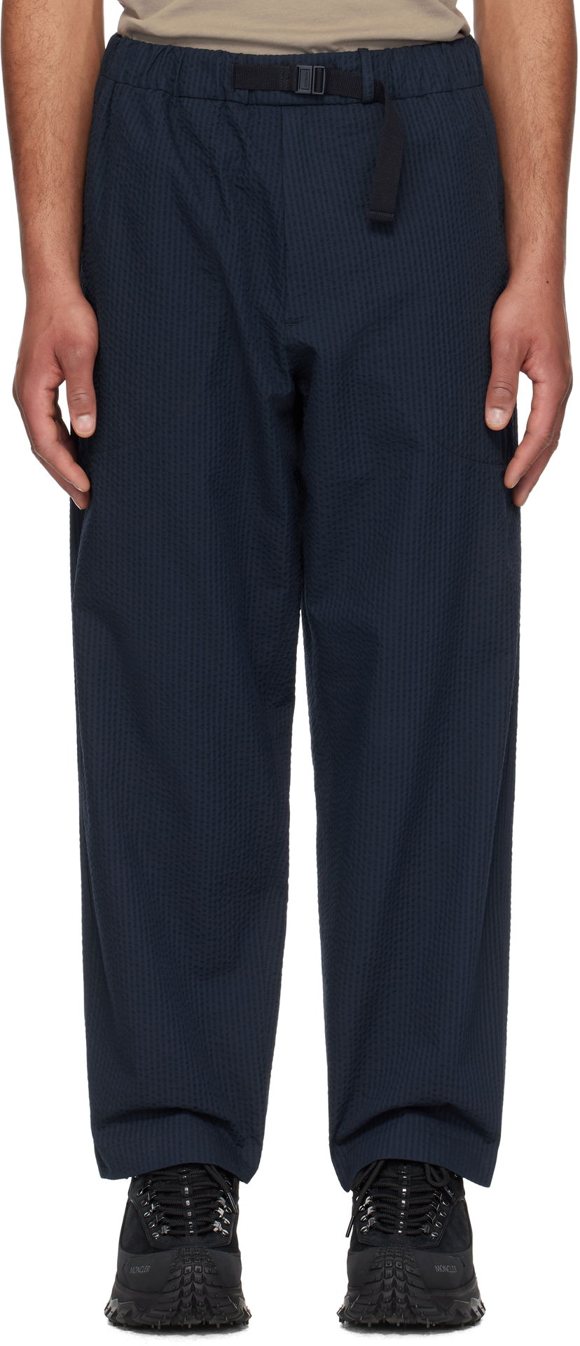 Byxor Moncler Moncler Seersucker Belted Trousers Mörkblå | K10912A00038598JC