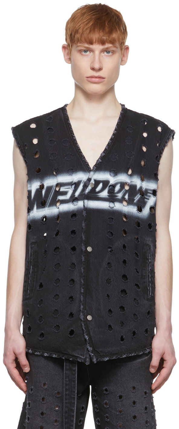 Väst We11done Distressed Denim Vest Svart | WD-DV1-22-361-M-WB