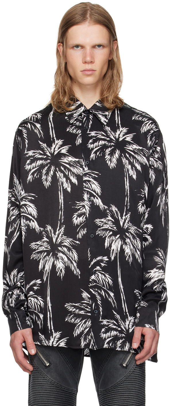 Skjorta Balmain Palm Tree Print Long Sleeve Shirt Svart | DH1HS184VF43, 0