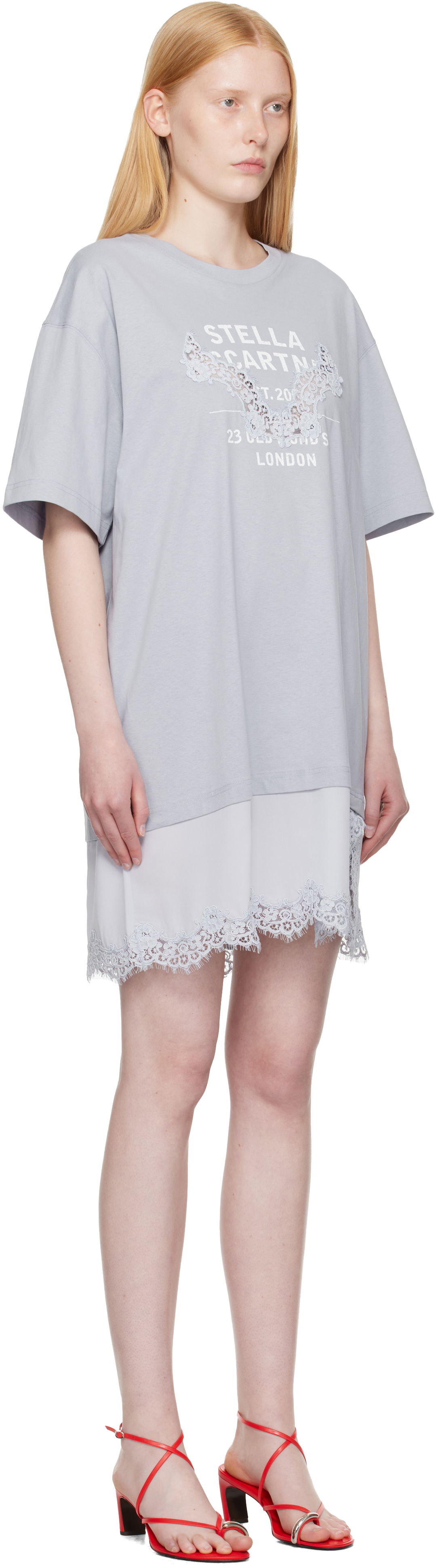 Klä Stella McCartney Stella McCartney Lace-Insert Graphic T-Shirt Minidress Grå | 6J04063SPZ99, 1