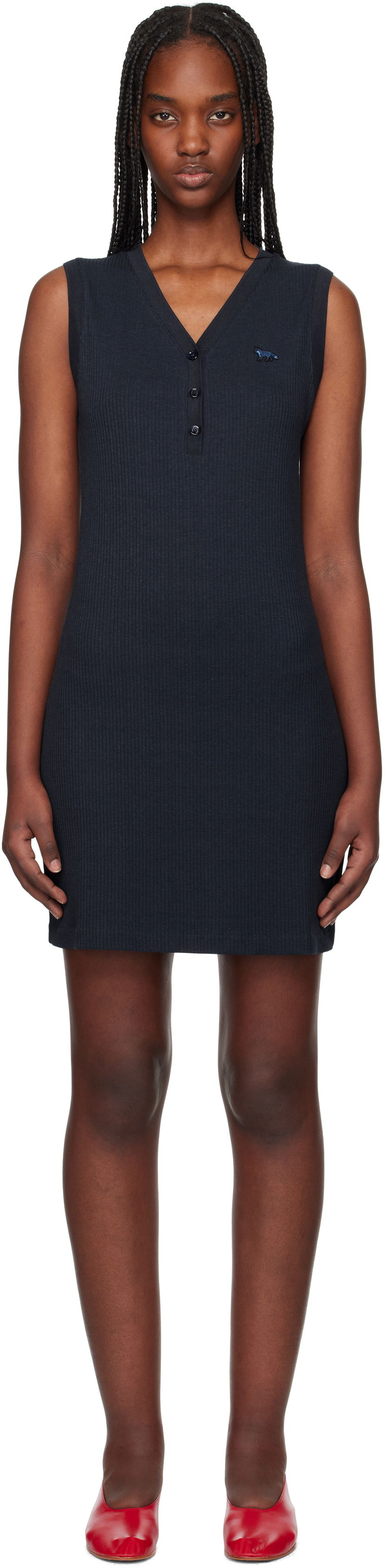 Klä MAISON KITSUNÉ Maison Kitsuné Baby Fox Patch Ribbed Minidress Mörkblå | OW01618KJ0134