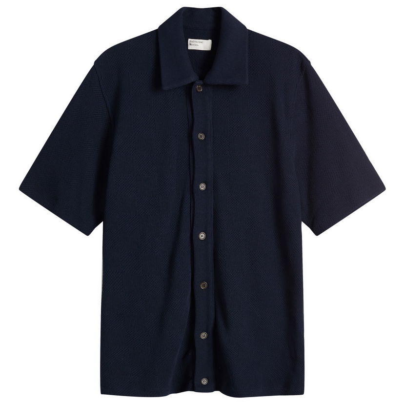 Skjorta Universal Works Universal Works Checkerboard Button Through Polo Shirt, Large Mörkblå | 32415-BRN