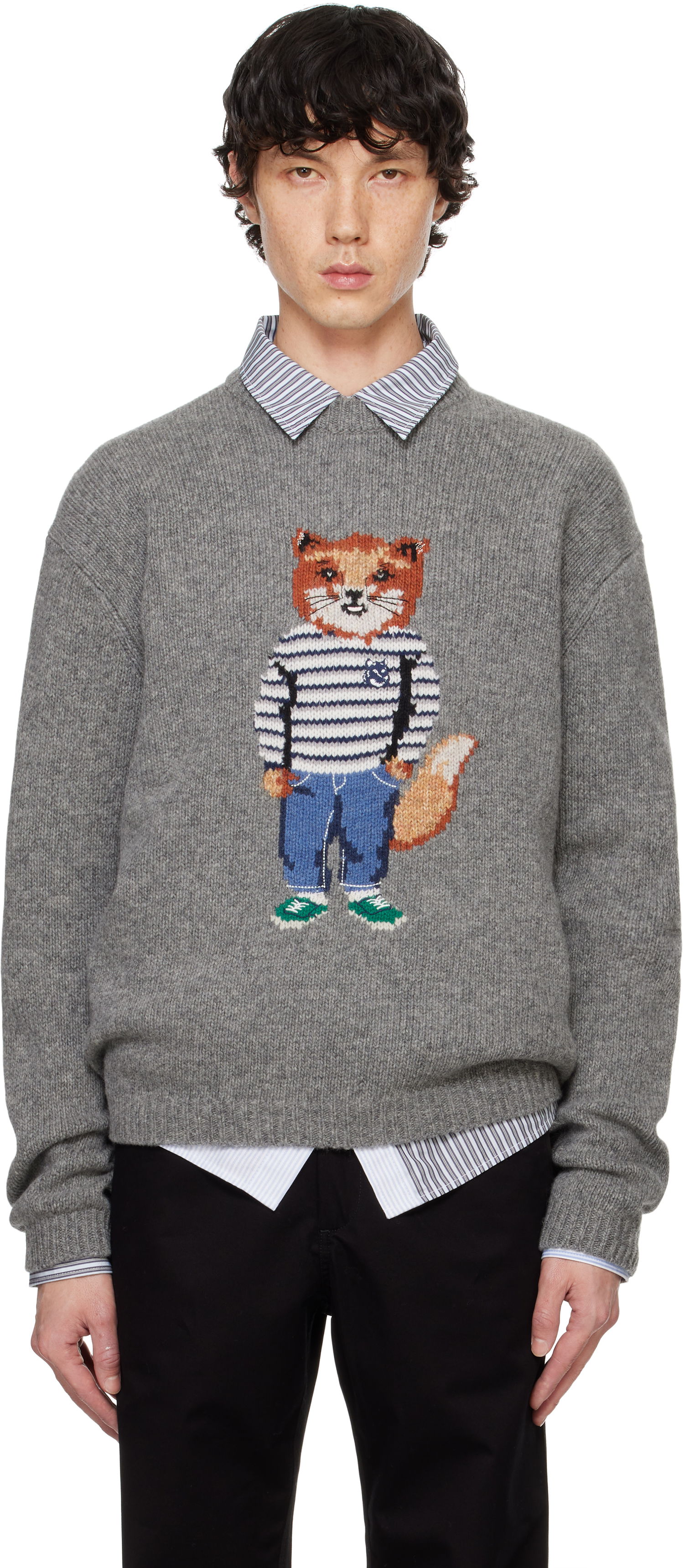 Sweater MAISON KITSUNÉ Dressed Fox Intarsia Sweater Grå | NM00809KH0002, 0