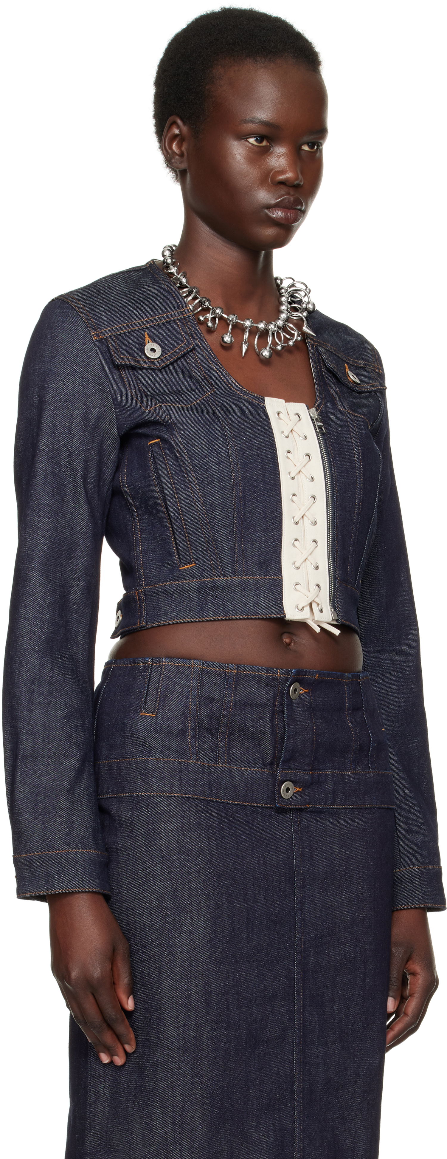 Jacka Jean Paul Gaultier Jean Paul Gaultier 'The Contrasting Lace-Up' Cropped Denim Jacket Blå | 25/33-F-VE085-D019-5568, 1