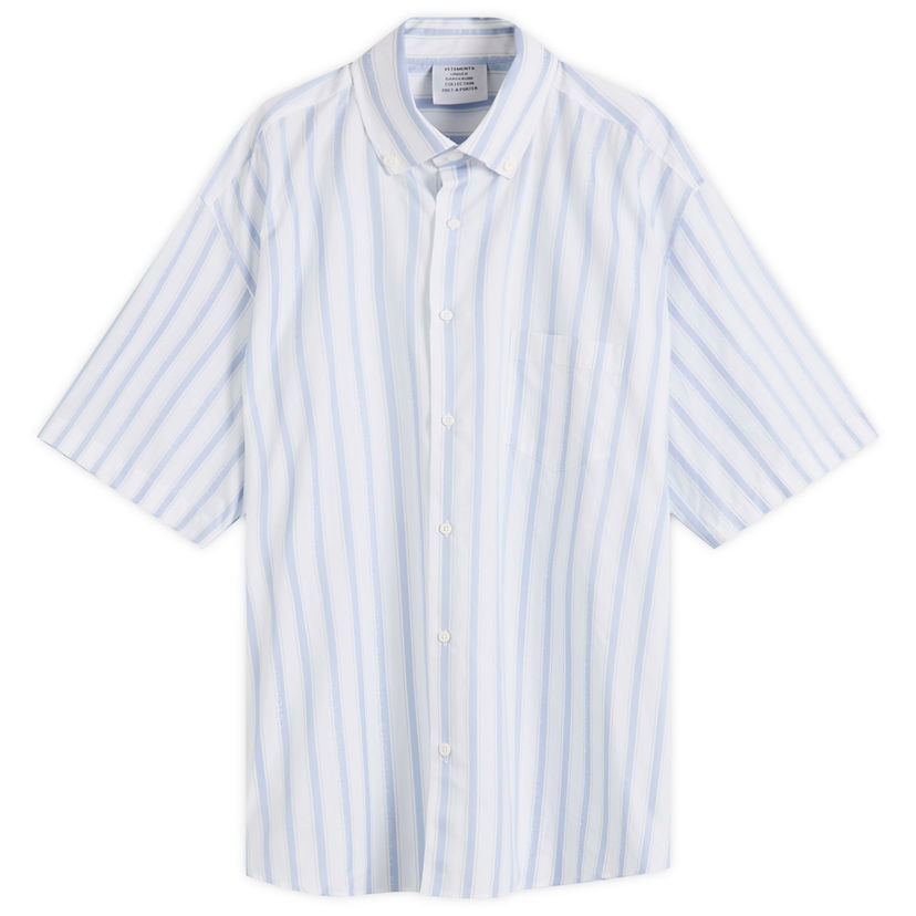 Skjorta VETEMENTS VETEMENTS Pinstripe Short Sleeve Shirt, Size Large Blå | UA66SH420L