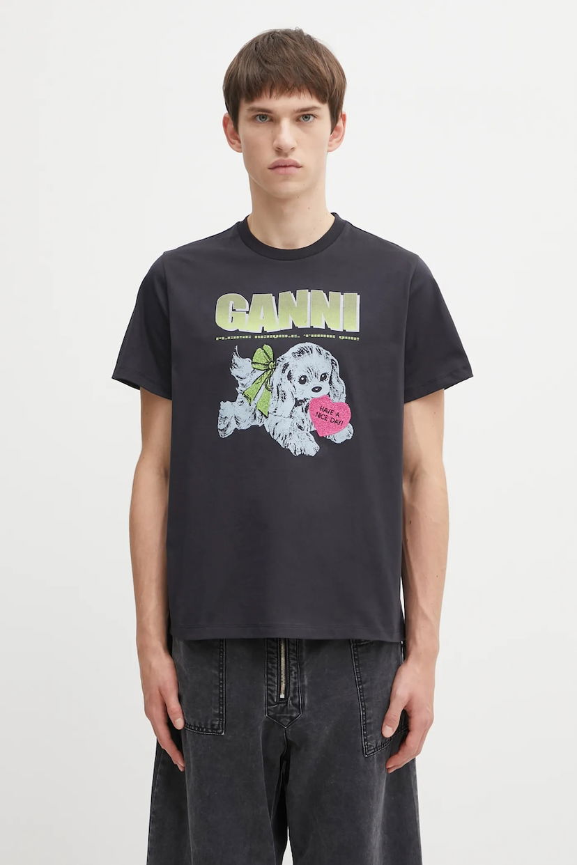 T-shirt GANNI Basic Cotton Jersey Neon Puppy T-Shirt Svart | T4333