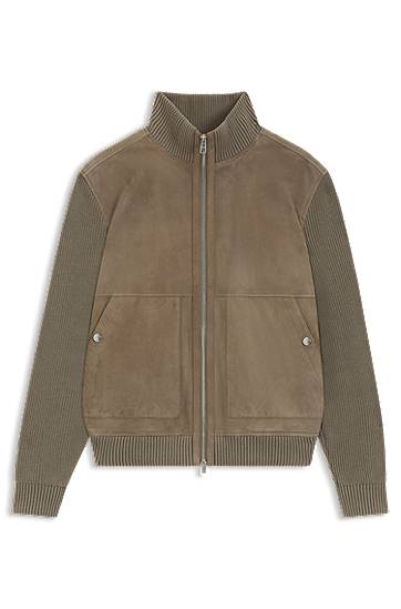 Jacka BOSS Suede jacket with cotton-blend sleeves Grön | 50547673, 0