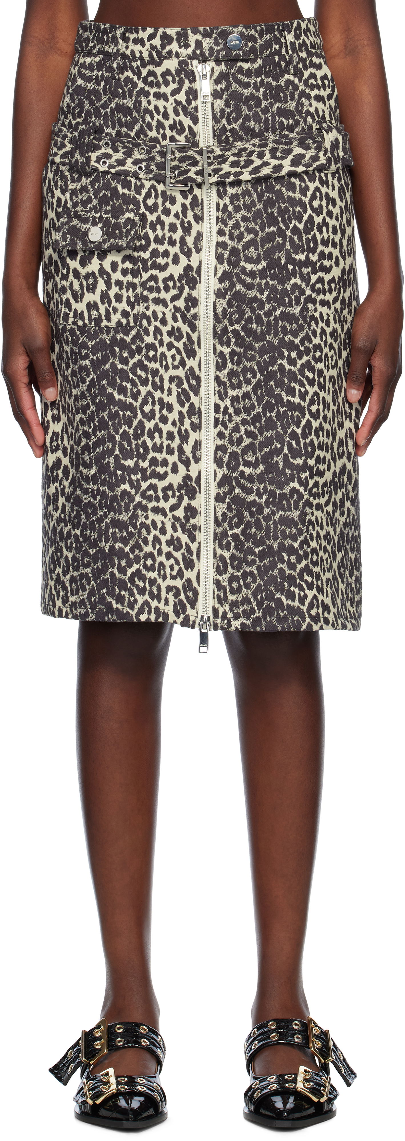 Kjol GANNI Ganni Cotton Tweed Midi Skirt with Belt Beige | W0236, 0