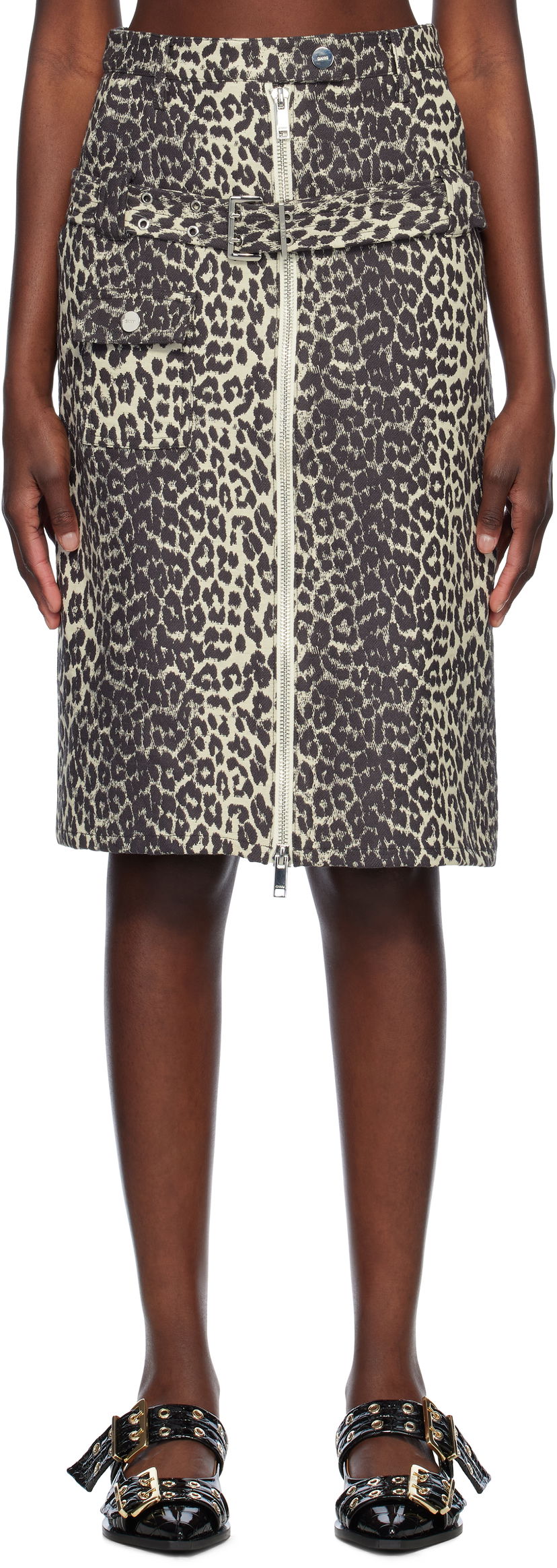 Kjol GANNI Ganni Cotton Tweed Midi Skirt with Belt Beige | W0236