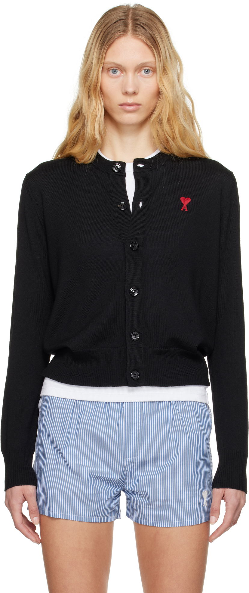 Sweater AMI AMI Paris Wool Ami de Coeur Cardigan Svart | FKC211.KN0025