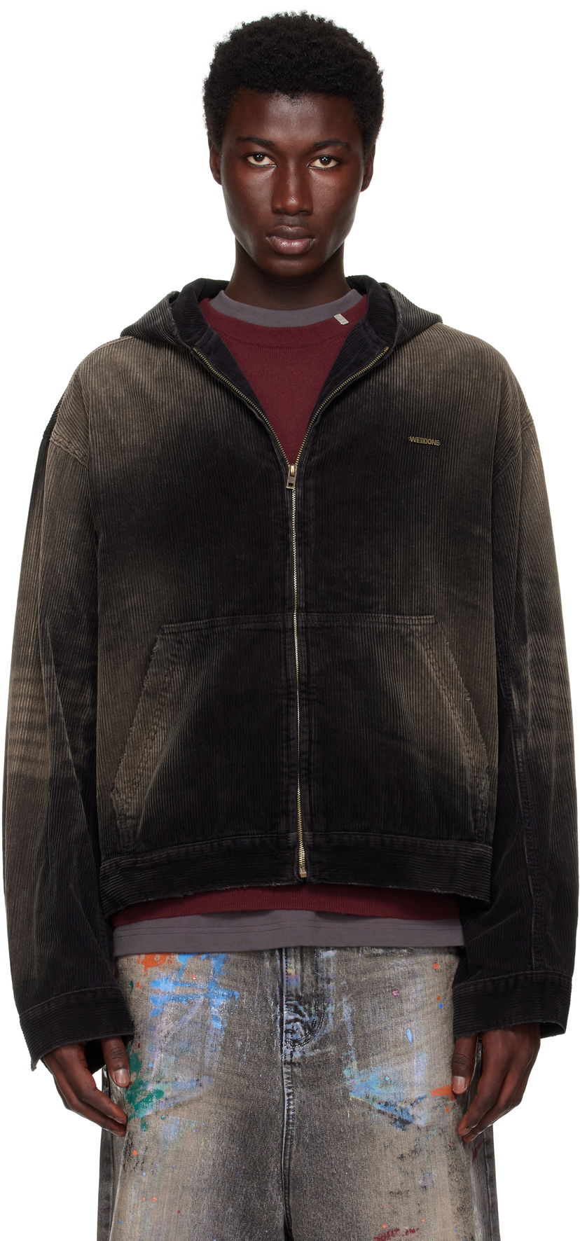 Jacka We11done We11done Vintage Wash Corduroy Zip-Up Hoodie Svart | WD-DJ2-25-318-U-BK