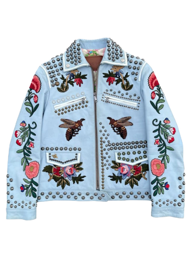 Jacka Gucci Floral Embroidered Leather Jacket Blå | 419638 XG170