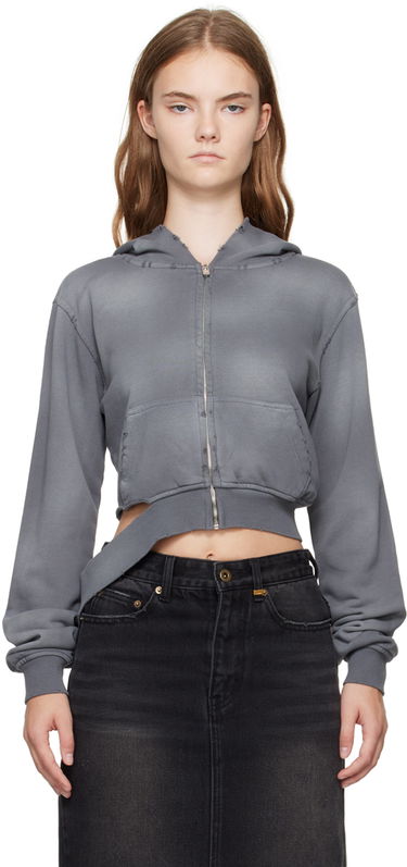 Sweatshirt We11done We11done Distressed Zip-Up Cropped Hoodie Grå | WD-TJ2-24-808-W-CH, 0