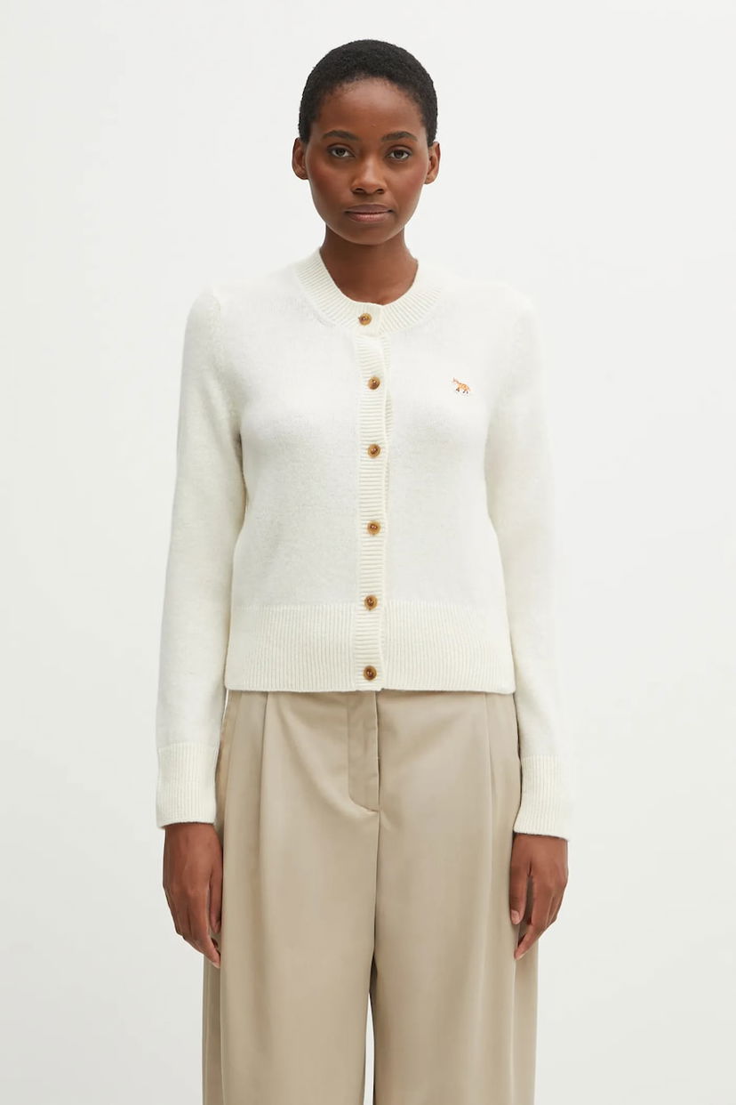 Sweater MAISON KITSUNÉ Fitted Lambswool Round-Neck Cardigan with Baby Fox Embroidery Vit | PW00506KT1006