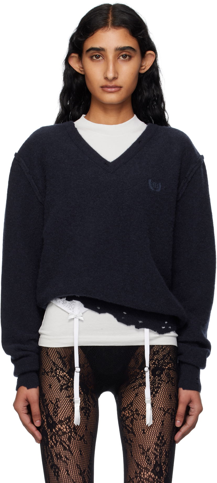 Sweater Balenciaga Balenciaga Laurel Classic Inside-Out V-Neck Sweater Mörkblå | 828163T4149