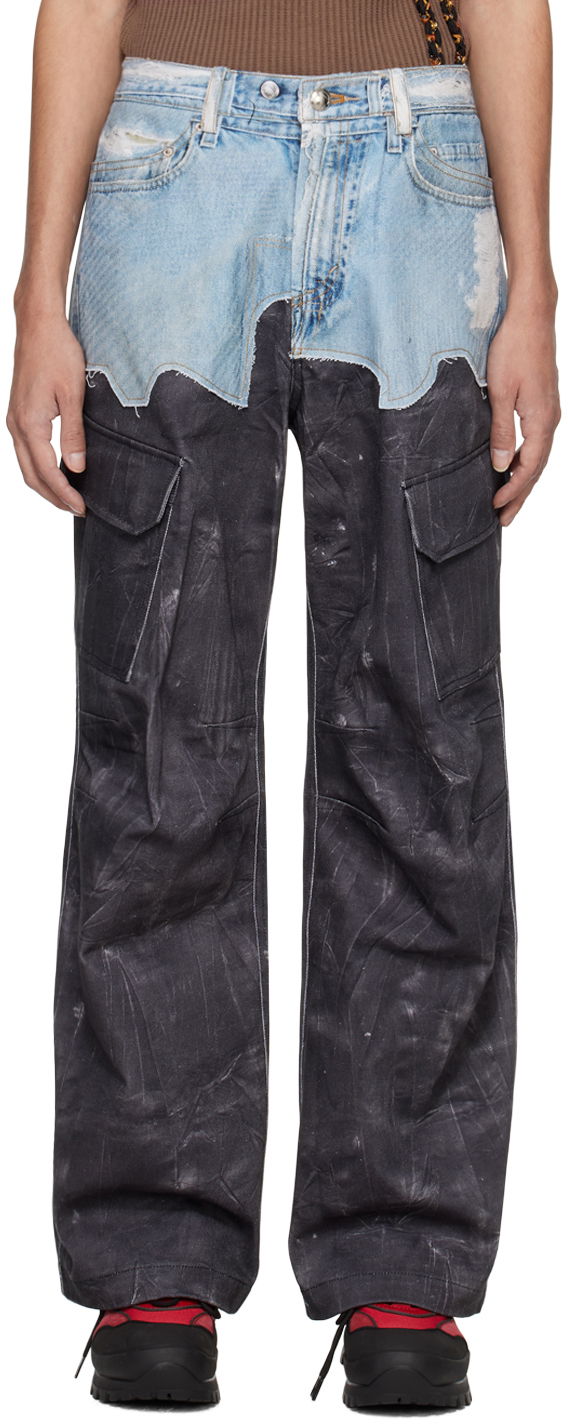Cargo byxor Andersson Bell Andersson Bell Printed Two-Tone Wavy Seam Denim Cargo Pants Grå | apa703m