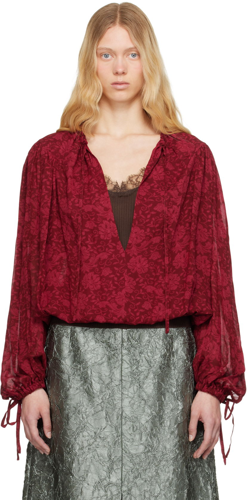 Skjorta Dries Van Noten Dries Van Noten Floral Print Tie Neck Blouse Röd | 251-010711-1011