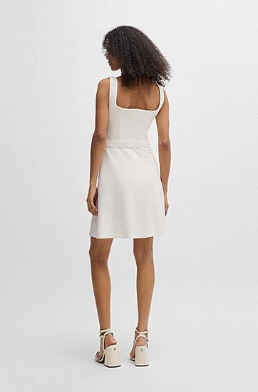 Klä BOSS Square Neck Belted A-Line Dress Vit | 50537631, 1
