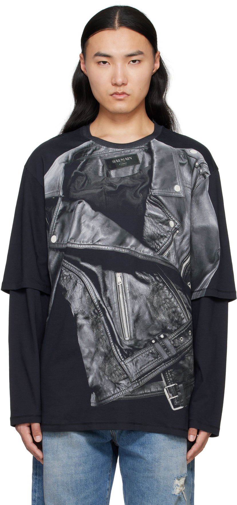T-shirt Balmain Balmain Long Sleeve Biker Jacket Graphic T-Shirt Svart | EH1EM016GE40