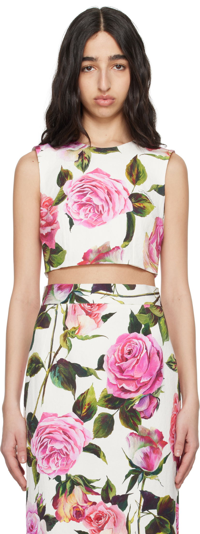 Crop top Dolce & Gabbana Dolce&Gabbana Rose-Print Cotton Jacquard Crop Top Vit | F7AO5T FSRQJ