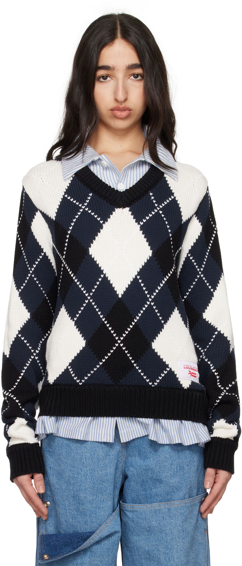 Sweater Charles Jeffrey Loverboy Charles Jeffrey LOVERBOY Argyle V-Neck Sweater Mörkblå | 54091501