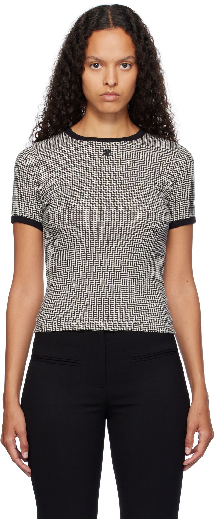 T-shirt Courrèges Contrast Houndstooth Slim T-Shirt Svart | 324JTS017JS0167