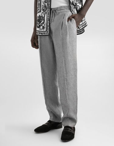 Byxor Dolce & Gabbana Dolce & Gabbana Washed Linen Canvas Drawstring Trousers Grå | GP12PTFU4MFS8290, 1