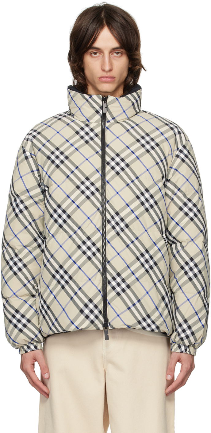 Jacka Burberry Beige Check Reversible Down Jacket Grå | 8096096