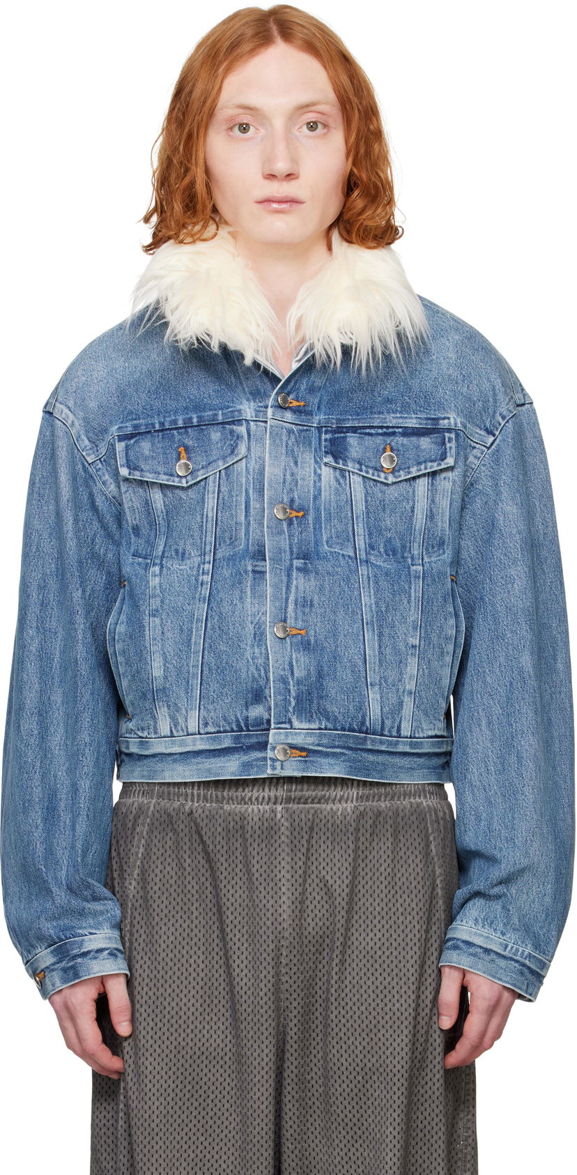 Jacka Alexander Wang Alexander Wang Rounded Trucker Denim Jacket with Faux Fur Collar Blå | 6WC1252066