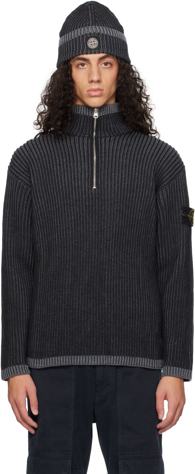 Sweater Stone Island Stone Island Vanisé Full Rib RWS Wool Quarter-Zip Sweater Svart | 8115516C1
