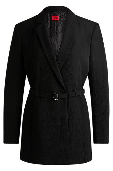 Jacka BOSS Seersucker Blazer with Buckled Belt Svart | 50537559