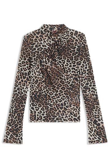 Skjorta BOSS Leopard Print Rollneck Top with Gathered Detail Brun | 50546248