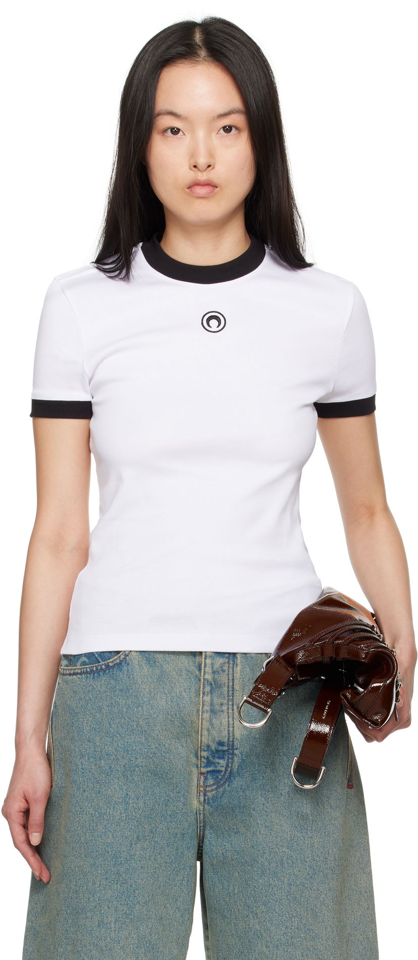 T-shirt Marine Serre Marine Serre Moon Logo Fitted Jersey T-Shirt Vit | MTT088B CJER0008